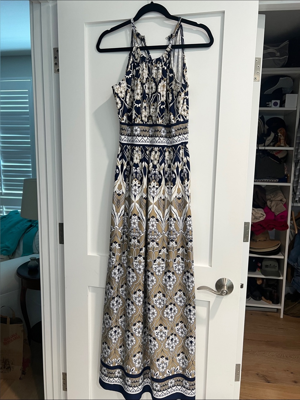 Navy and Tan Printed Halter Maxi Dress